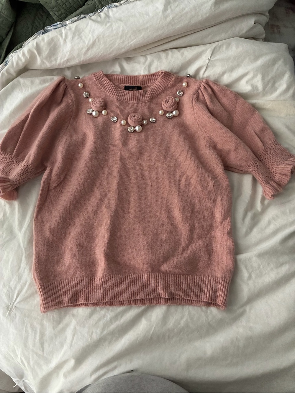 Pink Embellished Floral Pearl Sweater - Women